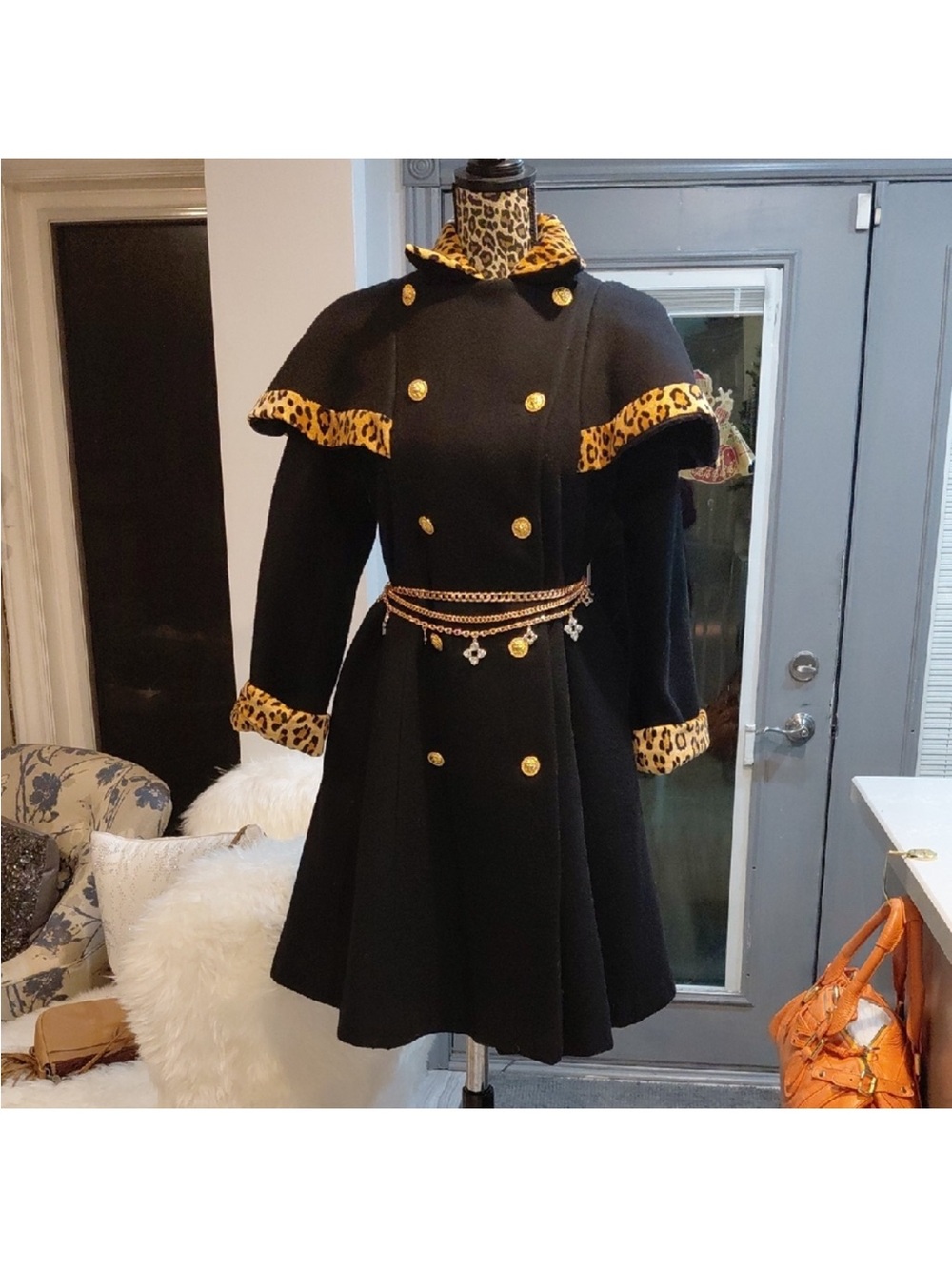 Black Double-Breasted Coat with Leopard Trim